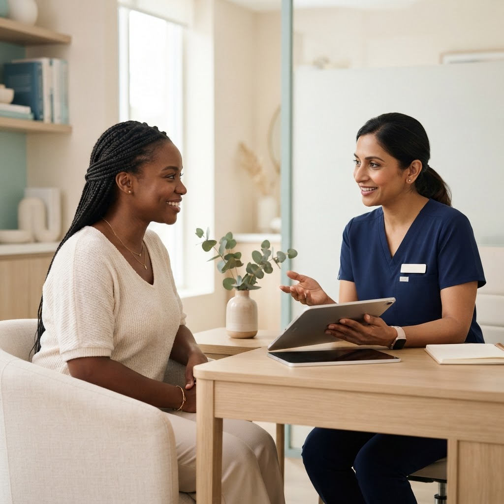 Adult patient consulting with a care provider
